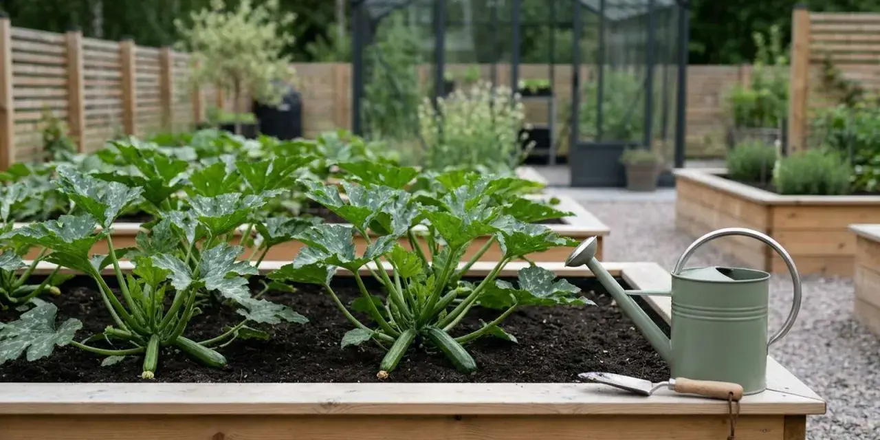 En frodig zucchini planta i en upphöjd bädd, redo för skörd. En grön vattenkanna och spade står redo.