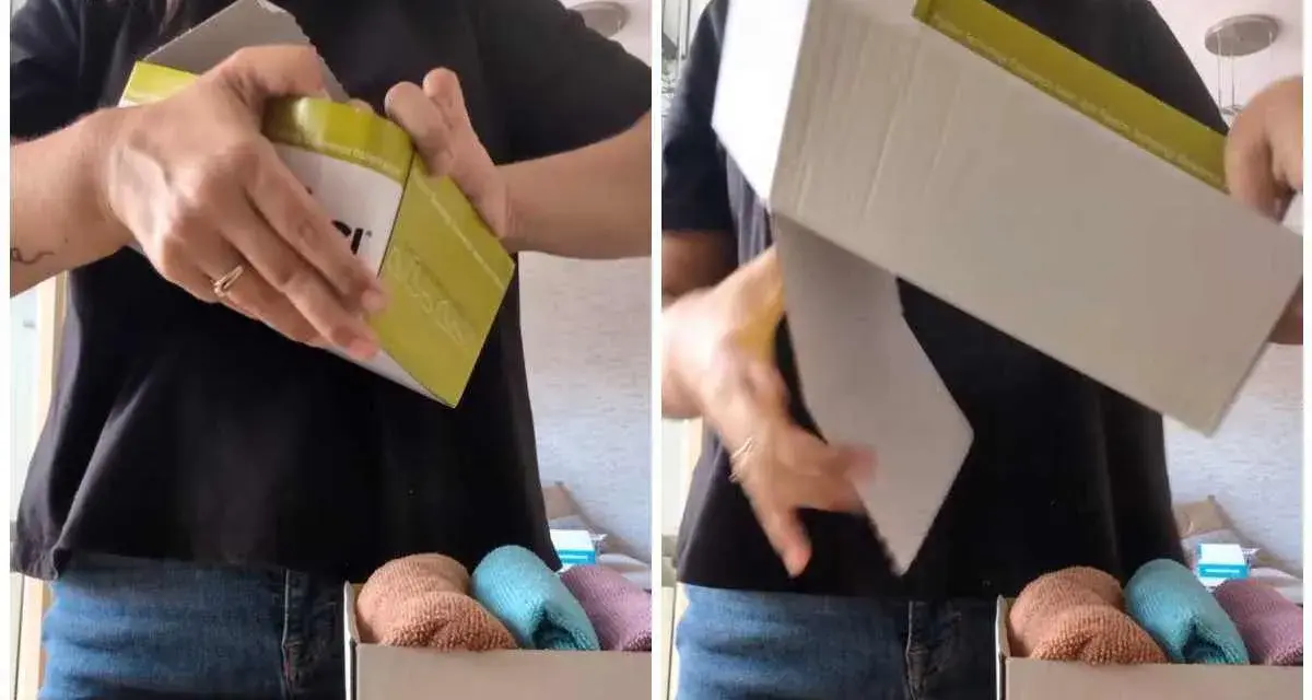 Come sistemare le scarpe con le scatole: una persona apre una scatola, rivelando un interno organizzato con calzini piegati.