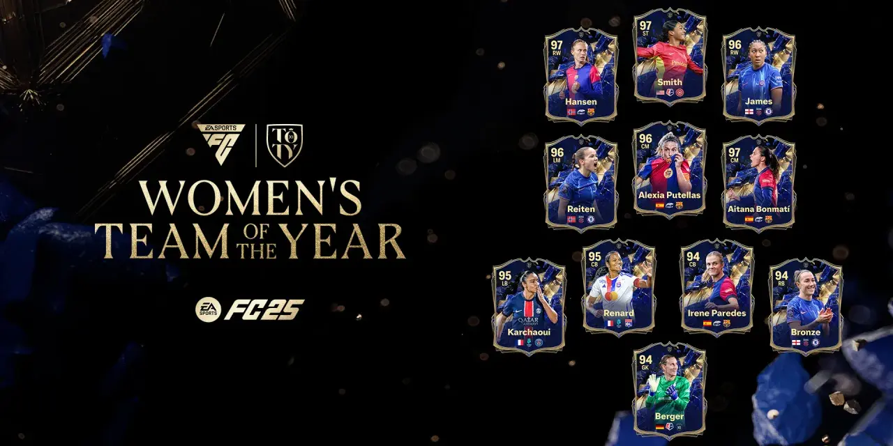 Karty najlepszych piłkarek w EA FC 25: Hansen, Smith, James, Reiten, Putellas, Bonmatí, Karchaoui, Renard, Paredes, Bronze i Berger.