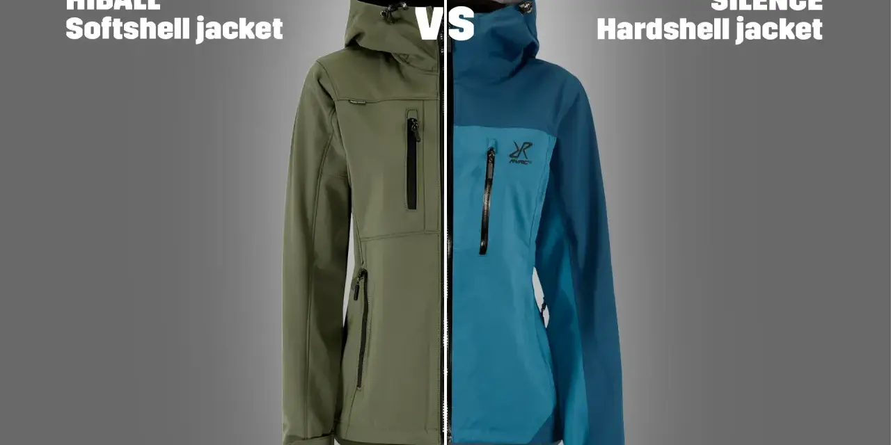 Confronto tra giacca softshell e hardshell. La giacca softshell, con il suo significato di flessibilità e comfort, è presentata in verde.