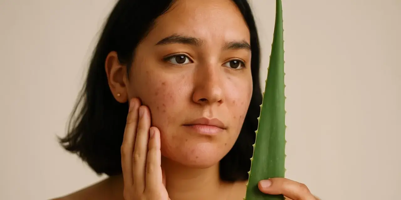 Donna con brufoli da stress sul viso, che tiene una foglia di aloe vera.