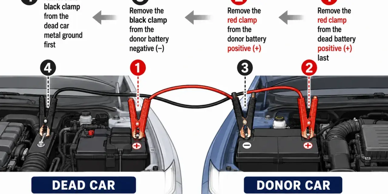 Diagram shows disconnecting jumper cables in reverse order: remove black clamp from dead car ground first, then black from donor, red from donor, and finally red from dead car.