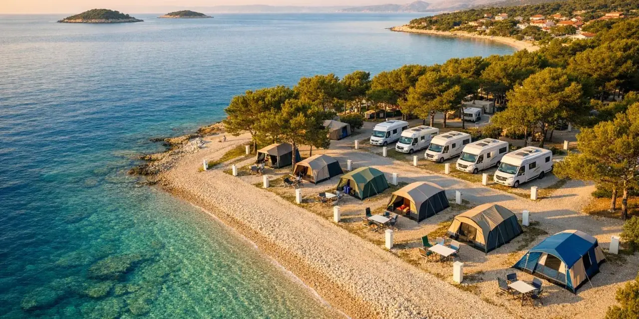 Idealny camping Chorwacja: namioty i kampery na kamienistej plaży, turkusowe morze, wyspy na horyzoncie.
