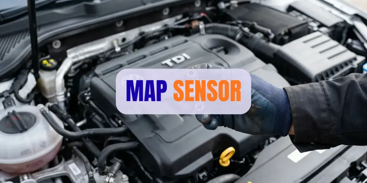 Mechanik w rękawiczce pokazuje czujnik MAP sensor w silniku TDI.