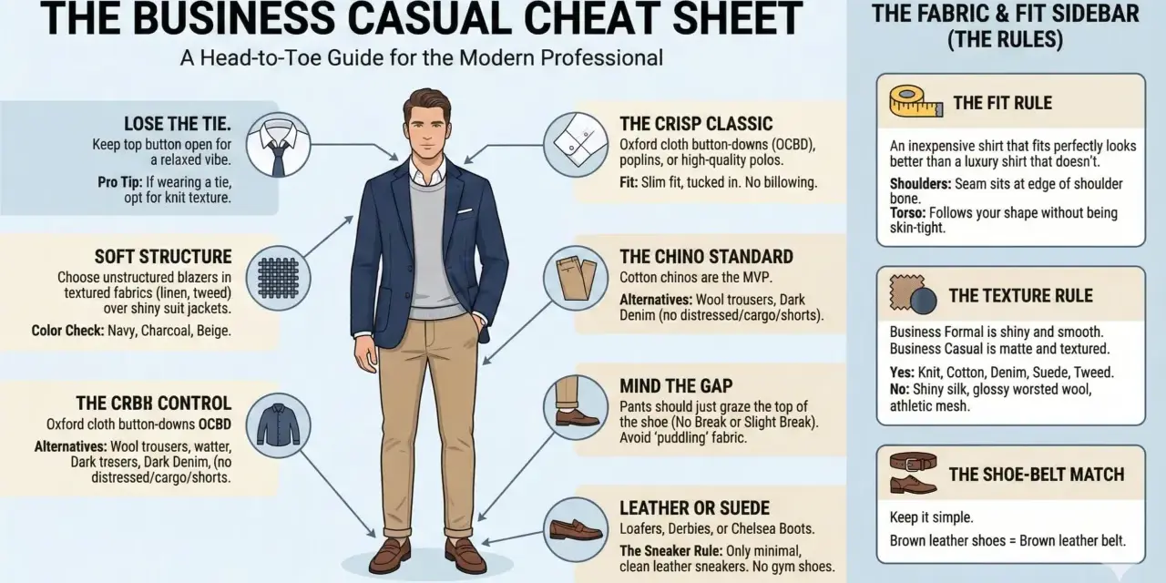 Guida al look business casual: blazer destrutturato, camicia Oxford, chino e scarpe in pelle marrone.