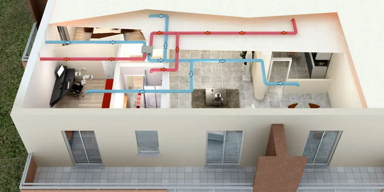 Schema di un sistema di ventilazione naturale con tubi blu per l'aria fresca e rossi per l'aria calda che attraversano le stanze di una casa.