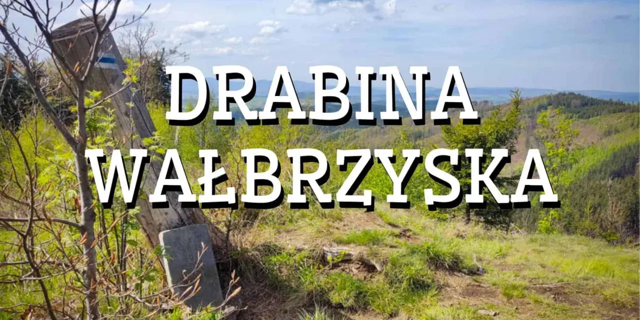 Widok na górskie krajobrazy z napisem "Drabina Wałbrzyska". Stary drewniany słup z niebieskim znakiem szlaku stoi na zboczu porośniętym trawą i młodymi drzewkami.