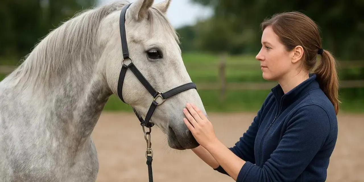 Une femme caresse un poney Connemara gris clair, un lien de confiance se crée entre eux.