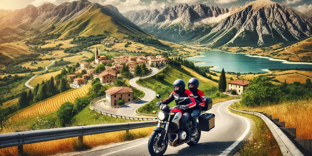 Coppia in moto esplora pittoreschi borghi italiani, serpeggiando tra montagne maestose e un lago cristallino.