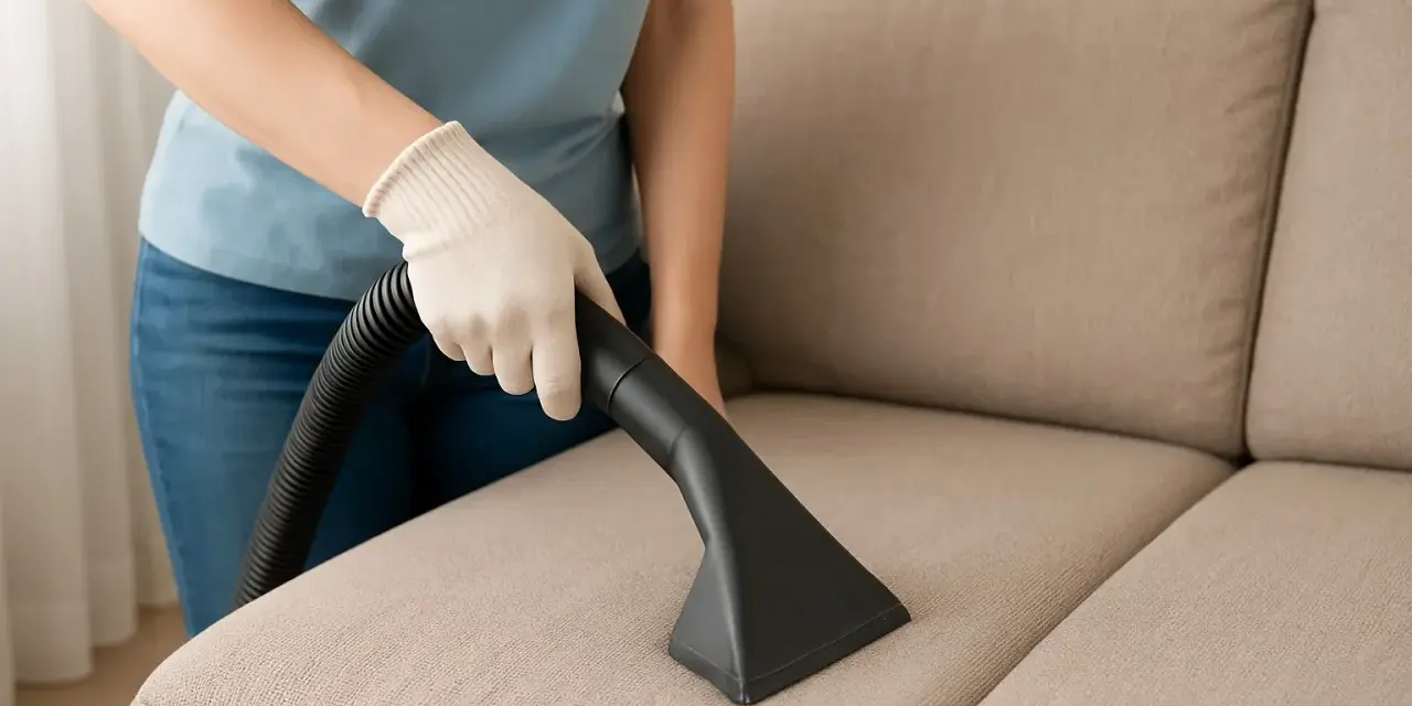 Osoba w rękawiczce odkurza kanapę z plusz materiału.