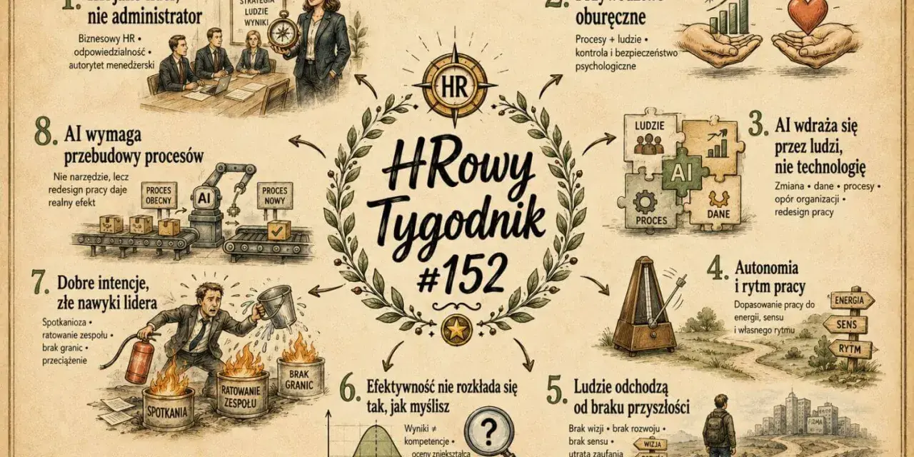 HR-owy Tygodnik #152: HR jako lider, przywództwo oburęczne, AI wdraża się przez ludzi, autonomia i rytm pracy, ludzie odchodzą od braku przyszłości, efektywność, dobre intencje, AI wymaga przebudowy procesów. Dziś warto o tym pomyśleć.