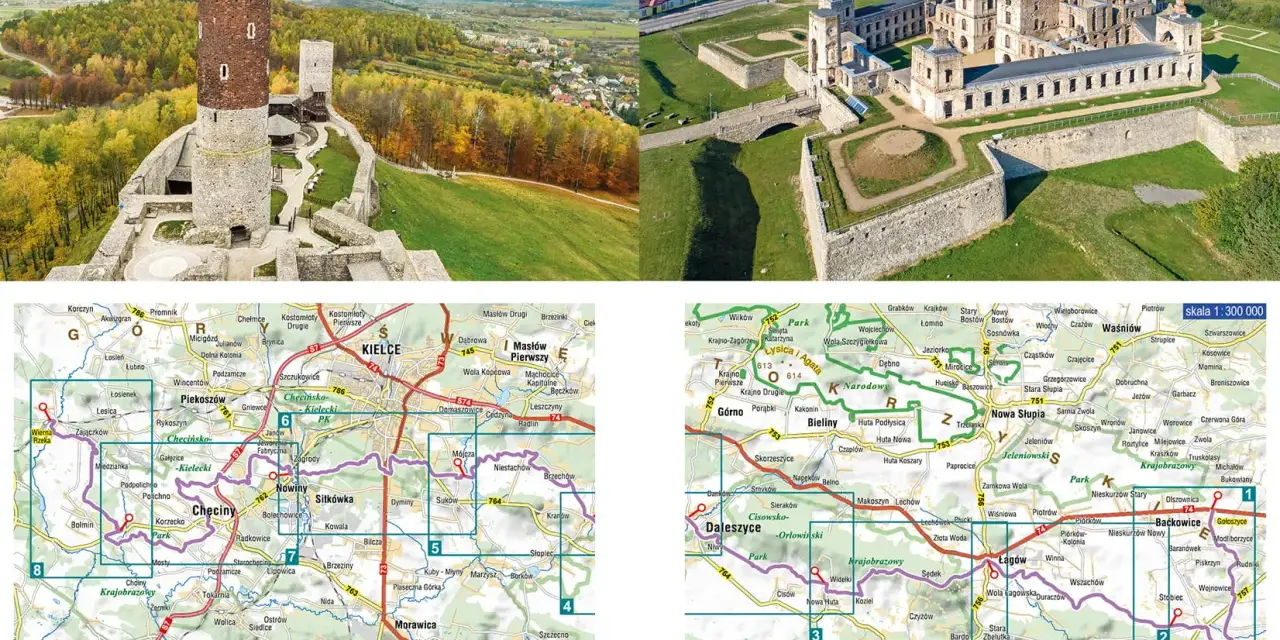 Mapa z zaznaczonymi zabytkami i szlakami, w tym główny szlak świętokrzyski, prowadzącym przez malownicze tereny z zamkami i krajobrazami.