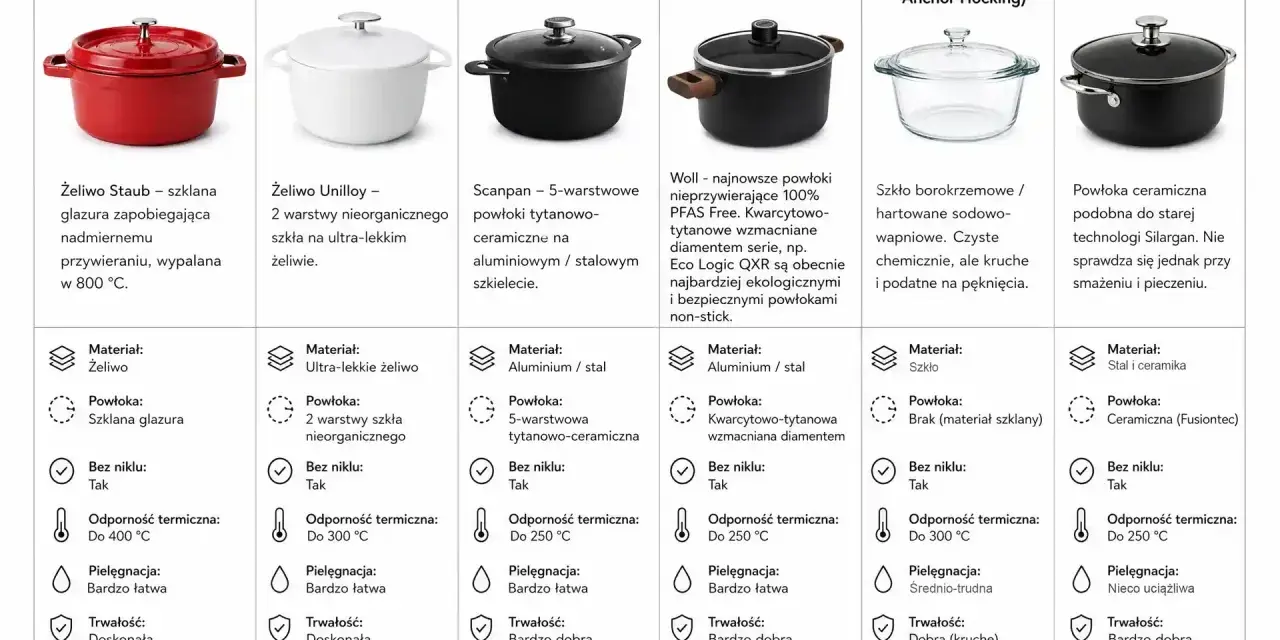 Przewodnik po naczyniach bez niklu: żeliwne Staub i Unilloy, Scanpan, Woll, szklane i ceramiczne WMF.