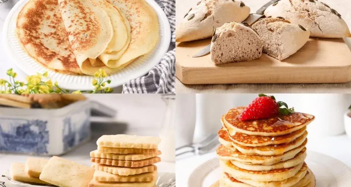 Collage de postres sin gluten: crepes, panecillos, galletas y tortitas con fresa.