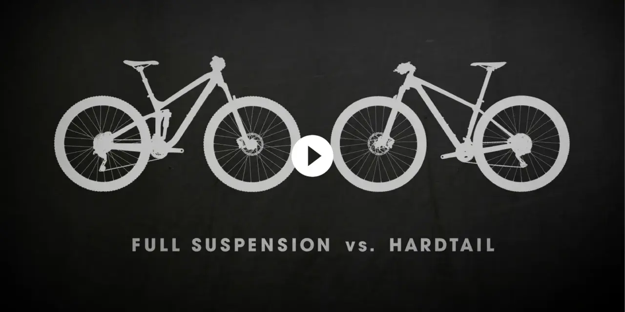 Silhouettes of a full suspension bike and a hardtail bike side-by-side, illustrating the difference between hard tail vs soft tail mountain bikes.