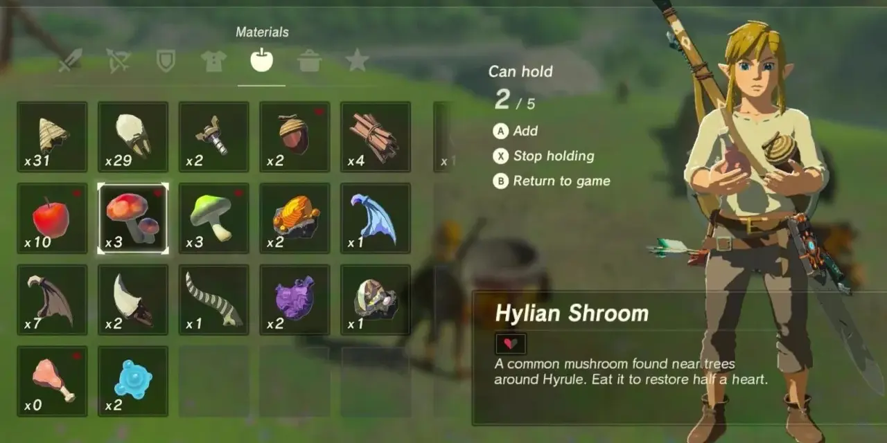 Link revisa su inventario en busca de ingredientes para recetas de Zelda: Breath of the Wild, destacando champiñones Hylian.