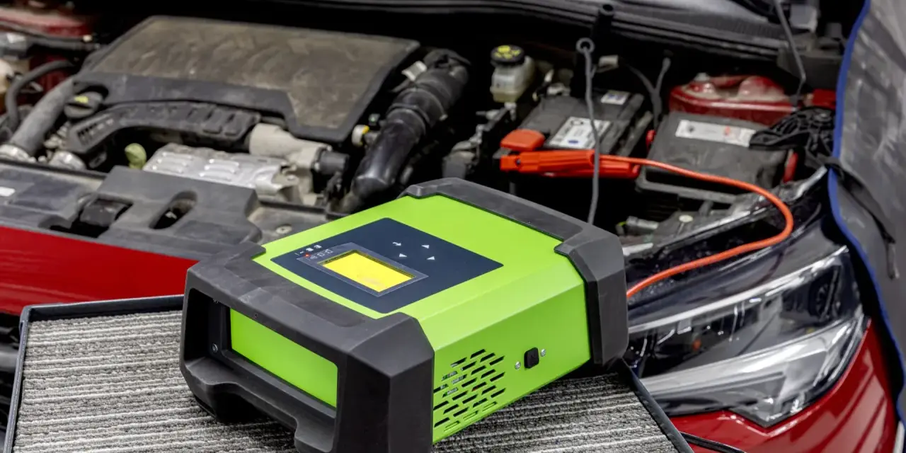 Carrozzeria rossa con cofano aperto, motore e batteria. Un caricabatterie verde è collegato alla batteria, suggerendo una batteria della macchina scarica.
