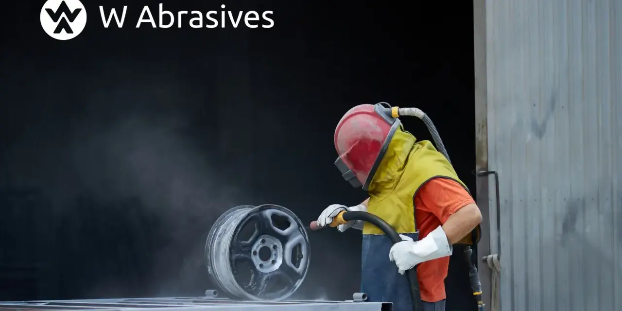 Pracownik w kasku i ochronnym ubraniu wykonuje piaskowanie aluminium felgi.