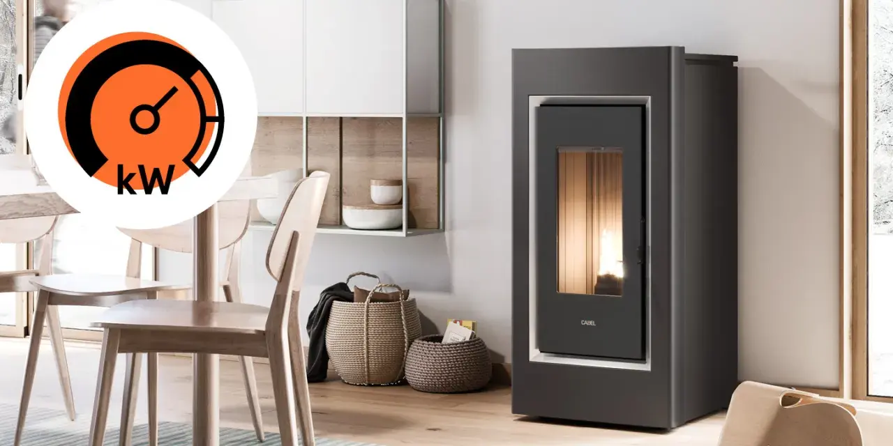 Stufa a pellet moderna con indicatore kW. La scelta del miglior legno per pellet garantisce efficienza e calore.