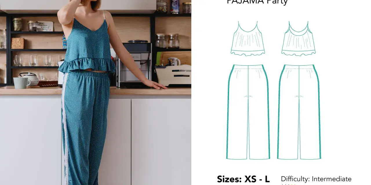 Patron gratuit combinaison pyjama pour une soirée détente. Le modèle comprend un haut à fines bretelles et un pantalon ample.