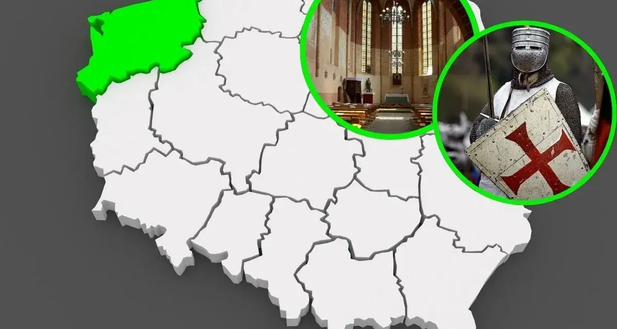 Mapa Polski z zaznaczonym Pomorzem Zachodnim, wnętrzem kościoła i rycerzem w zbroi. Odkryj zamki templariuszy w Polsce.