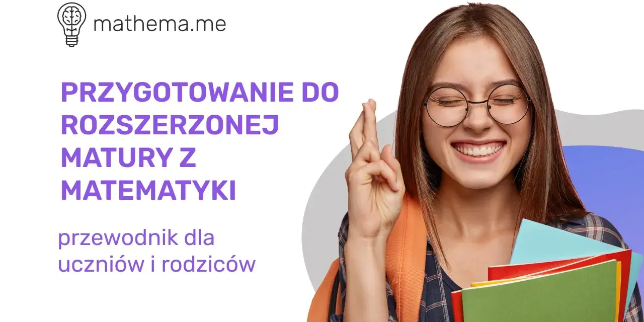 Uśmiechnięta dziewczyna z założonymi palcami, trzymająca książki, na tle tekstu o maturze z matematyki.