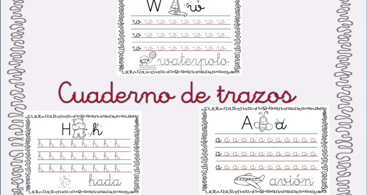 Cuaderno de trazos con grafismo infantil. Practica las letras W, H y A con dibujos de waterpolo, hipopótamo y abeja.
