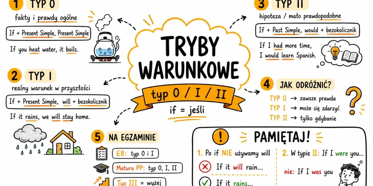 Pierwszy, drugi, trzeci typ warunkowy po angielsku: typ 0 (fakty), typ I (realny warunek), typ II (hipoteza).