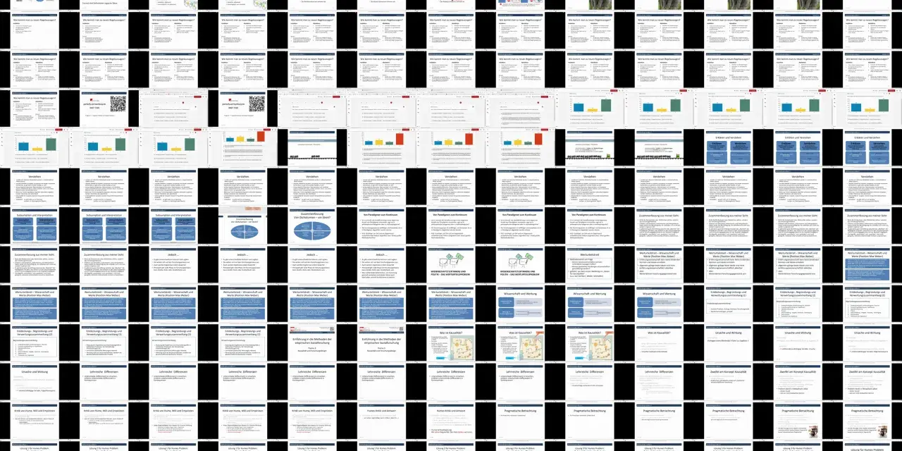 Folien zur Induktion und Deduktion in der Wissenschaft, mit Grafiken und Texten.