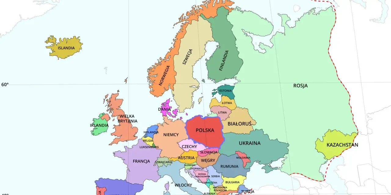 Mapa Europy. Polska w centrum, otoczona przez Niemcy, Czechy, Słowację, Ukrainę, Białoruś i Litwę. Belgia leży na zachód od Niemiec, blisko Francji i Holandii.