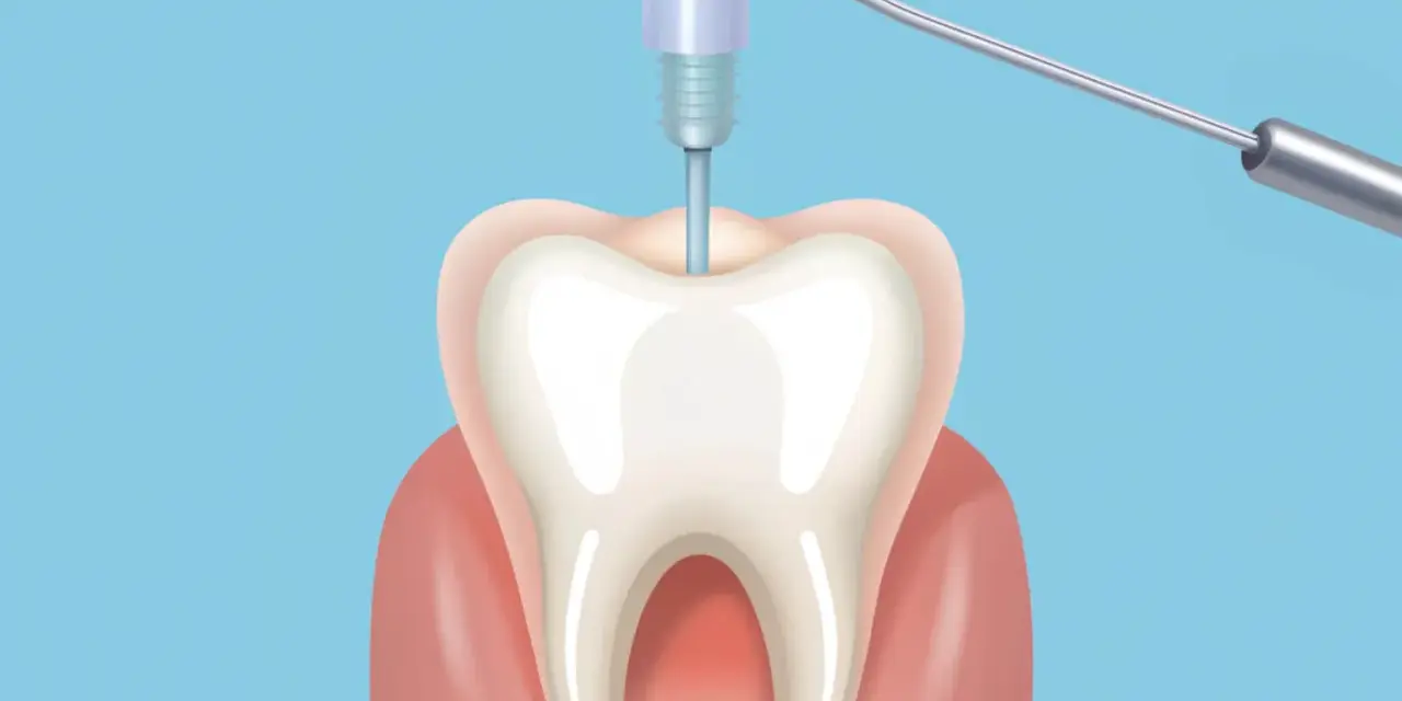 Ilustracja zęba z narzędziem dentystycznym w środku.