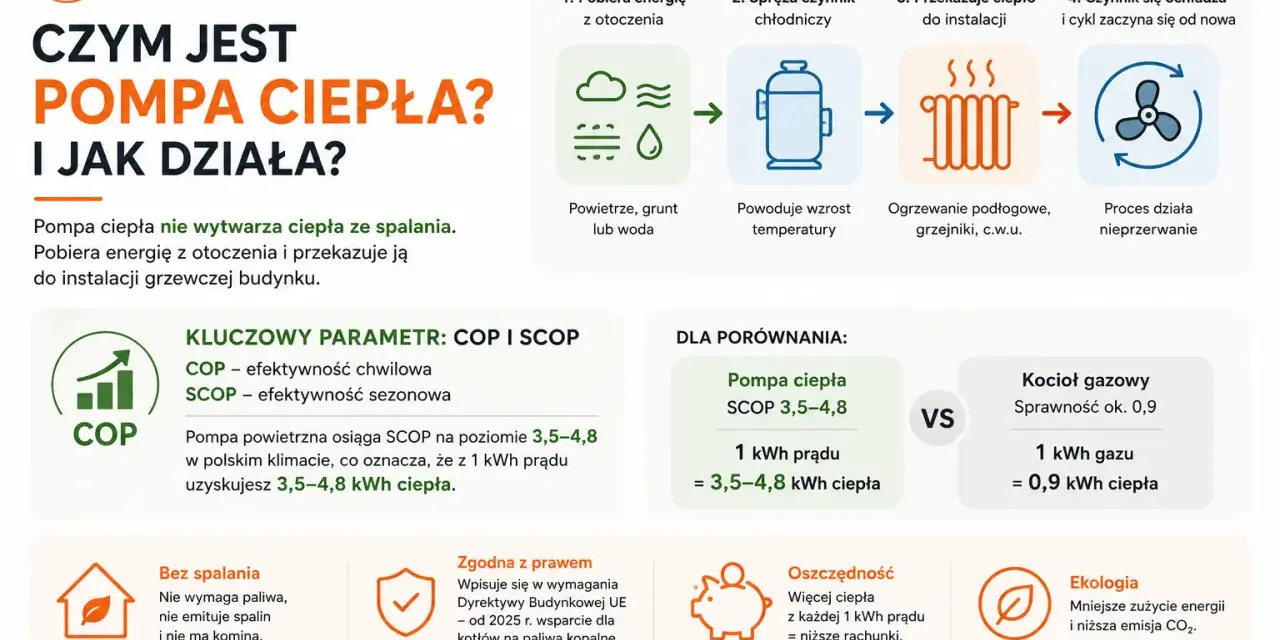 Pompy ciepła pobierają energię z otoczenia, by ogrzać dom. Efektywność COP i SCOP to kluczowe parametry.