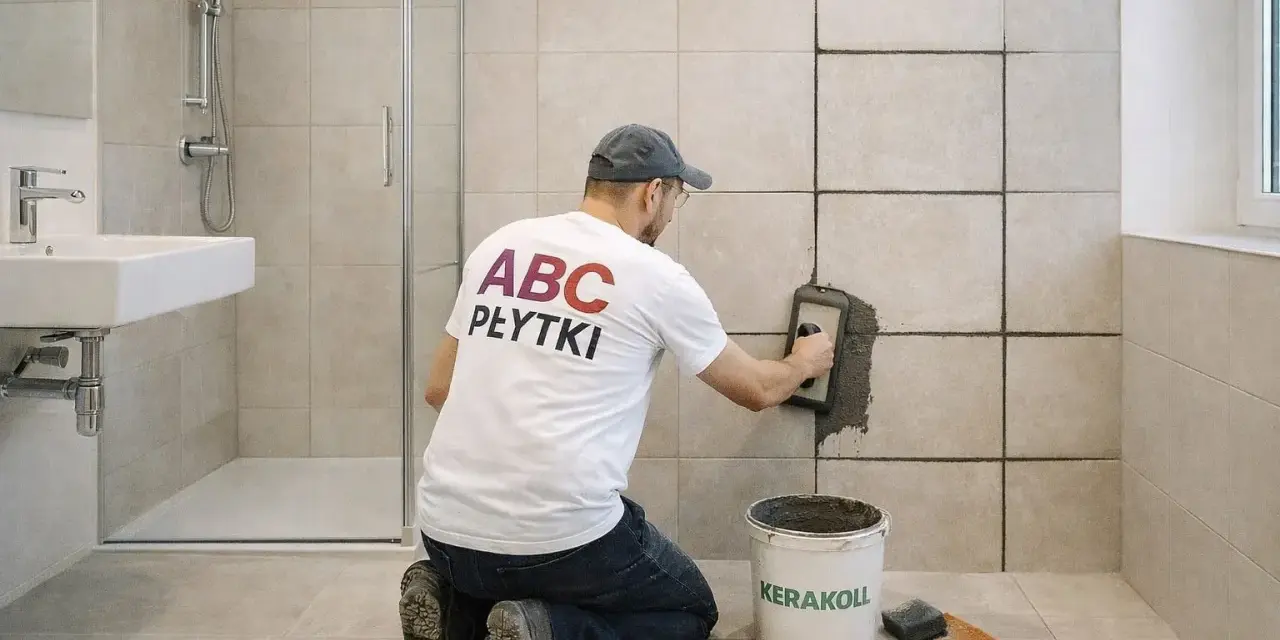 Mężczyzna fuguje ściany z płytek w łazience, używając kielni i wiadra z zaprawą.