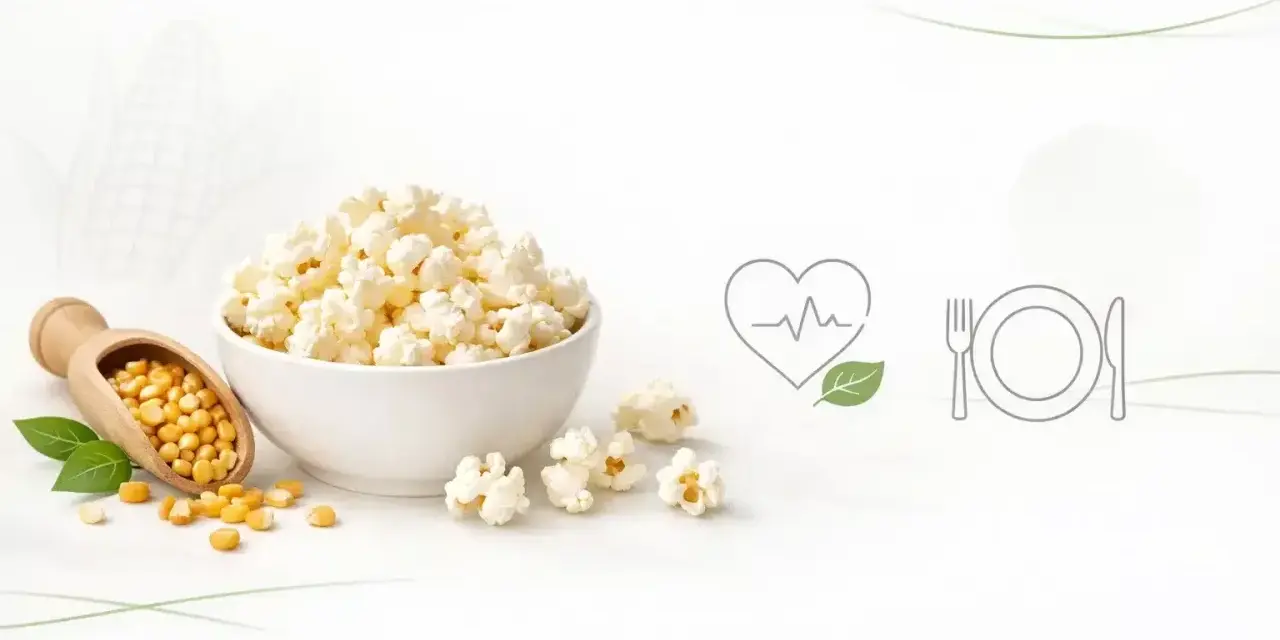 Misternie przygotowany popcorn w misce, obok ziaren kukurydzy na drewnianej łyżce. Czy popcorn tuczy? Ikony serca i talerza sugerują zdrowy wybór.