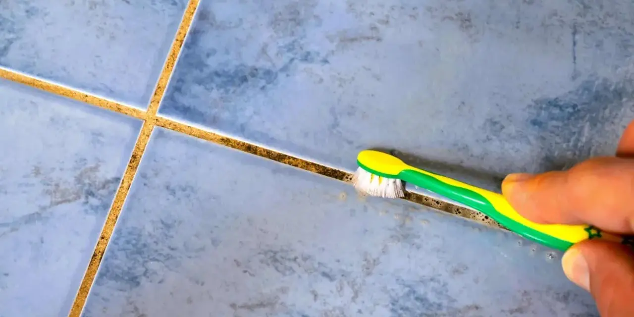 Main tenant utilise une brosse à dents pour nettoyer joint carrelage.