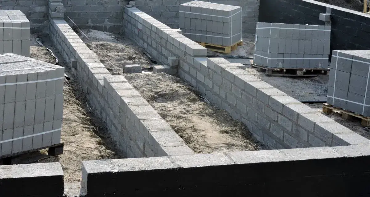Budowa fundamentów z bloczków betonowych, przygotowanie pod izolację pionową fundamentów.