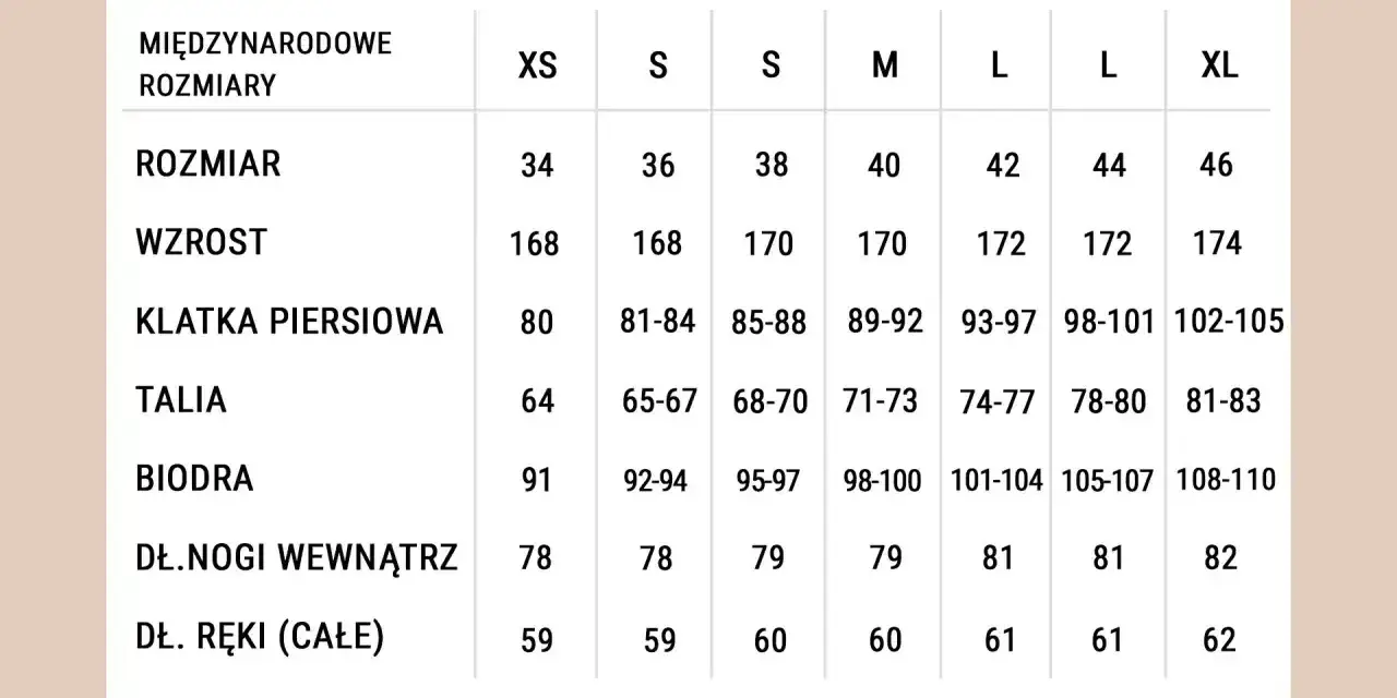 Tabela rozmiarów od XS do XL. Rozmiar 44/46 jaki to rozmiar? To L/XL, odpowiednie dla wzrostu 172 cm i obwodu bioder 105-107 cm.