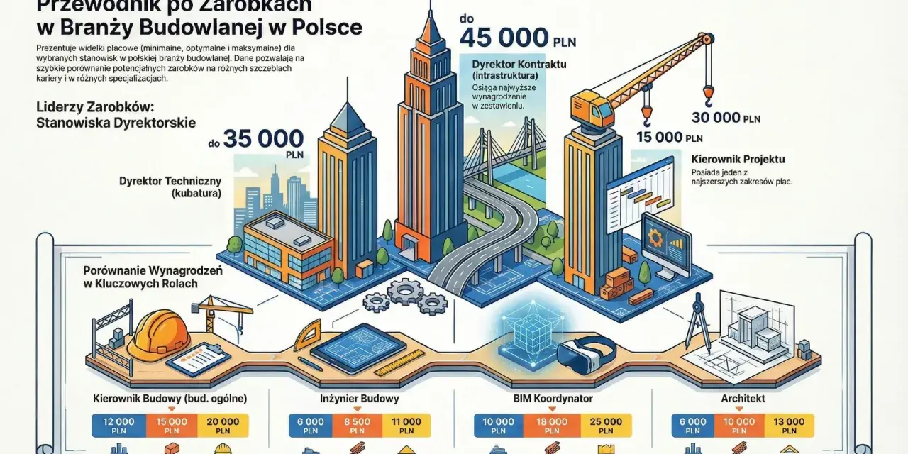 Kierownik budowy zarabia od 12 000 do 20 000 PLN. Infografika porównuje zarobki w branży budowlanej.