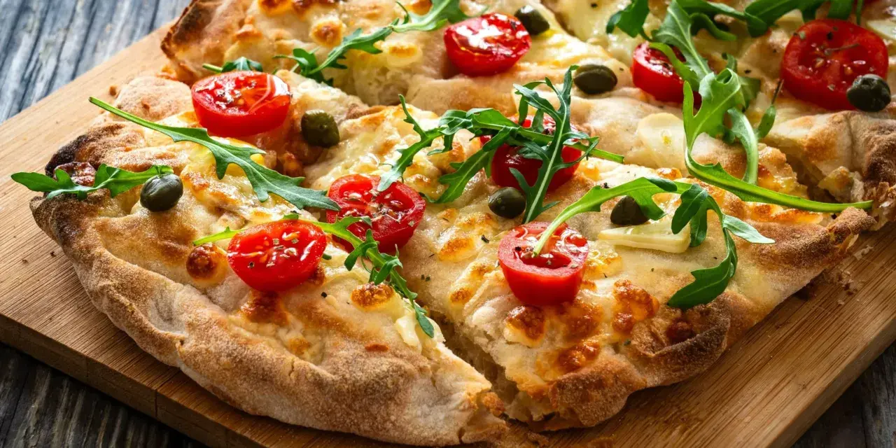 Pyszna pizza z pomidorkami, rukolą i kaparami. Idealne składniki na pizzę, które zachwycą każdego smakosza.