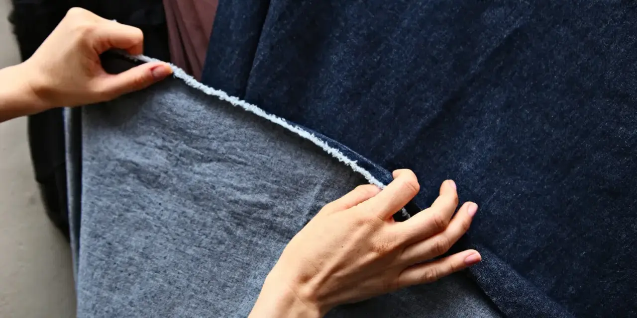 Dłonie dotykają ciemnoniebieskiego denimu i szarej tkaniny, być może z domieszką elastanu, sprawdzając ich fakturę.