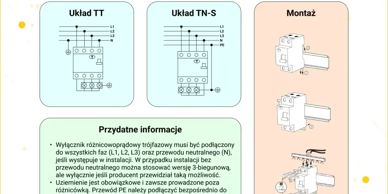 Schemat podłączenia różnicówki trójfazowej: układy TT i TN-S, montaż na szynie DIN. Informacje o podłączeniu faz, neutralnego i uziemienia.