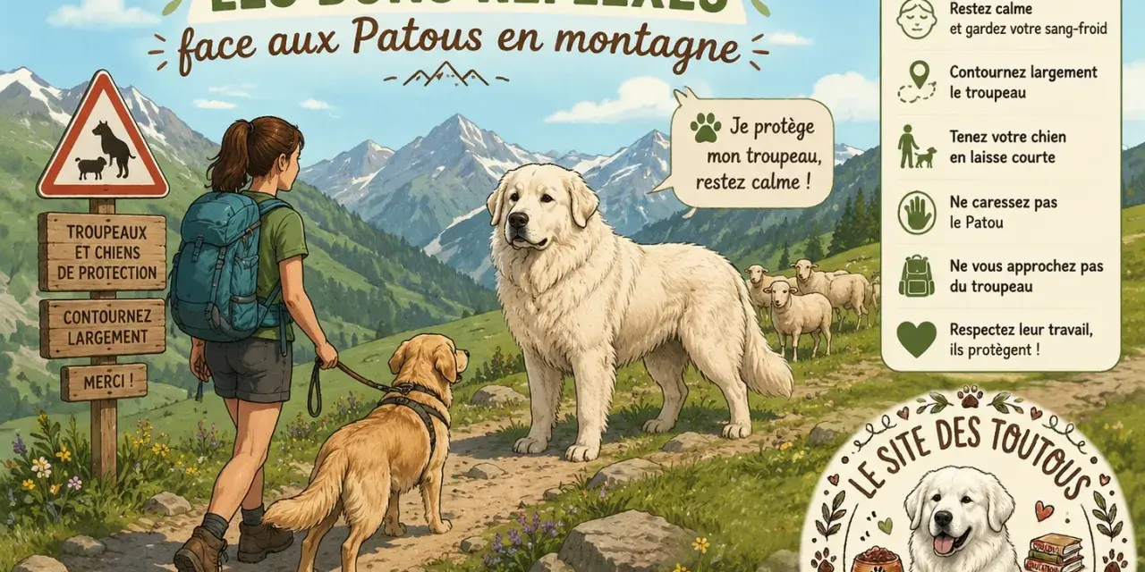 Une randonneuse et son chien croisent un Patou protégeant son troupeau de moutons en montagne. Conseils pour une cohabitation sereine.