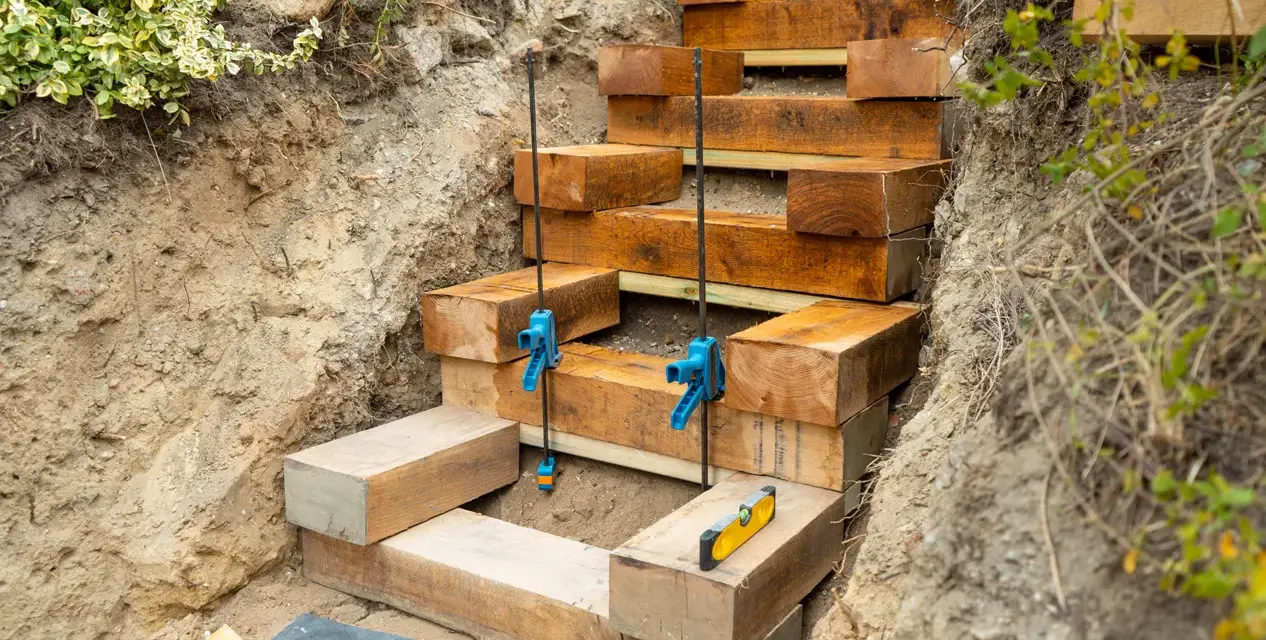 Construction d'un escalier traverse bois et gravier. Des poutres de bois sont empilées pour former des marches dans une tranchée.