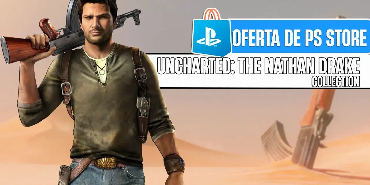 Nathan Drake, con un rifle al hombro, posa en un desierto. Oferta de PS Store: Uncharted: The Nathan Drake Collection.