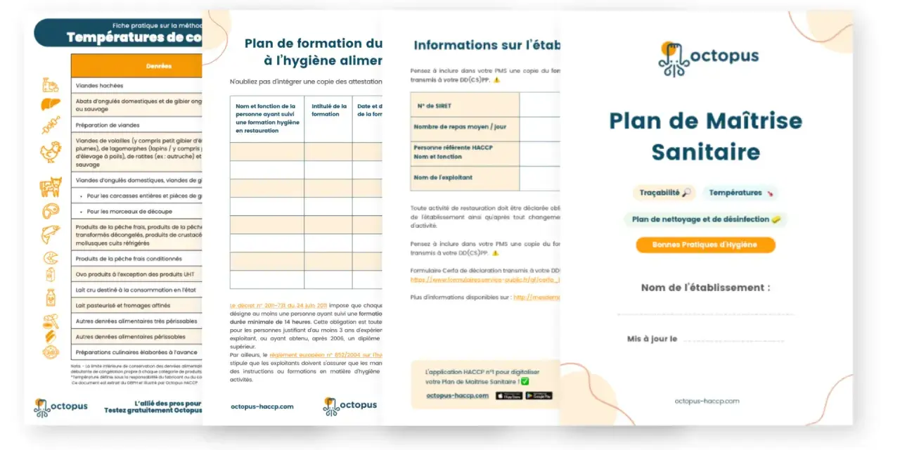 Fiche technique préparation des repas : plan de maîtrise sanitaire, traçabilité, températures, nettoyage, hygiène.
