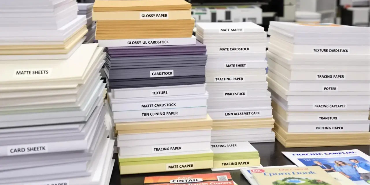 Stosy papieru satynowego i matowego, od błyszczących kartek po papier ścierny, gotowe do druku.