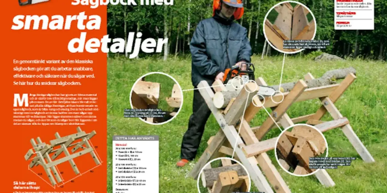Man bygga sågbock med smarta detaljer för snabbare och säkrare vedhantering. Bilden visar en person som använder en motorsåg på en sådan.