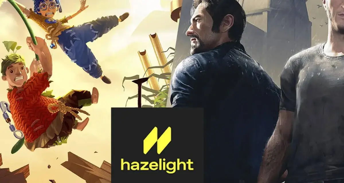 Dos personajes animados y dos hombres realistas, buscando a way out 2. Logo de Hazelight.