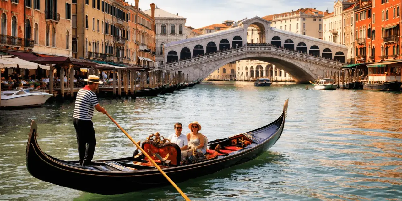 Coppia in gondola per un tour a Venezia, con il Ponte di Rialto sullo sfondo.