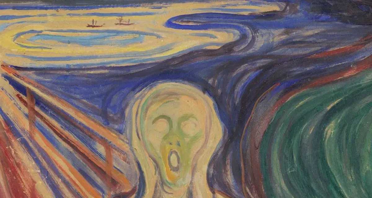 Le Cri d'Edvard Munch : une figure déformée hurle sur un paysage tourbillonnant, le ciel embrasé par un soleil rougeoyant.